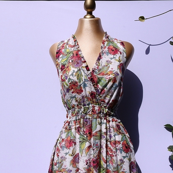 Maggy London Romantic Floral Garden Sleeveless Maxi Dress Sz 6 V-neck Line - Picture 2 of 9